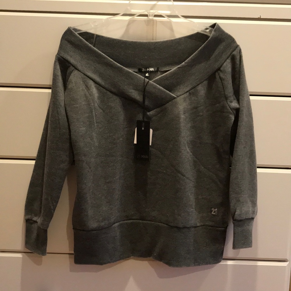 off the shoulder gray sweater